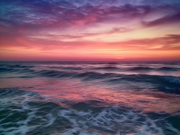 A colorful sunset over the ocean with a purple and orange sky.