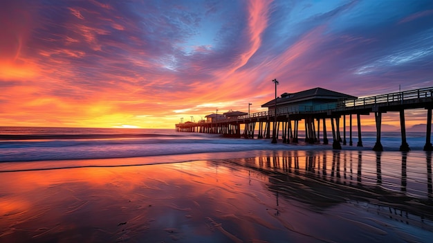 A colorful sunset over the ocean with a silhouetted pier