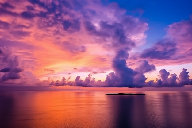 海に沈む色とりどりの夕日と遠くに小さな島。