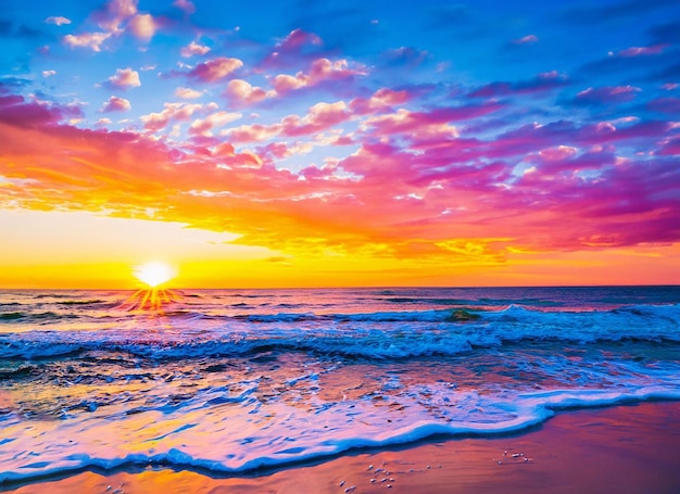 A colorful sunset over the ocean with the sun setting behind it.