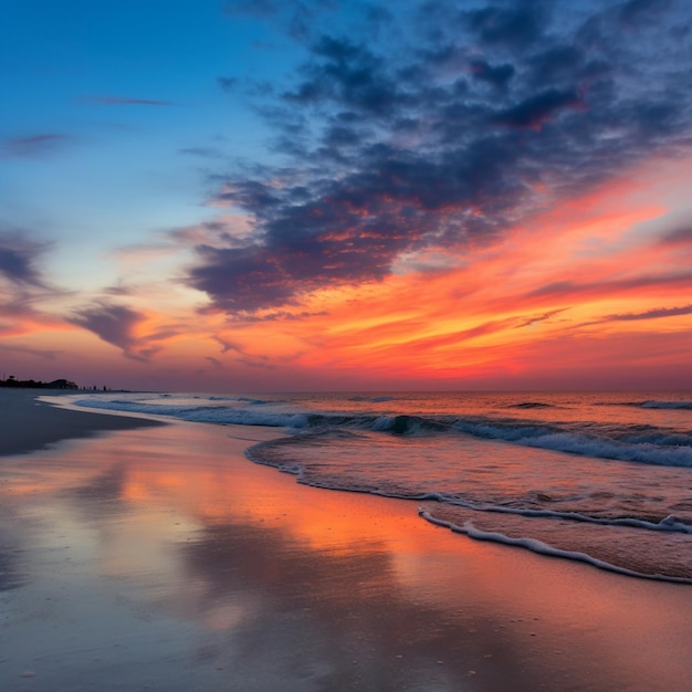 A colorful sunset over the ocean with the sun setting behind it.