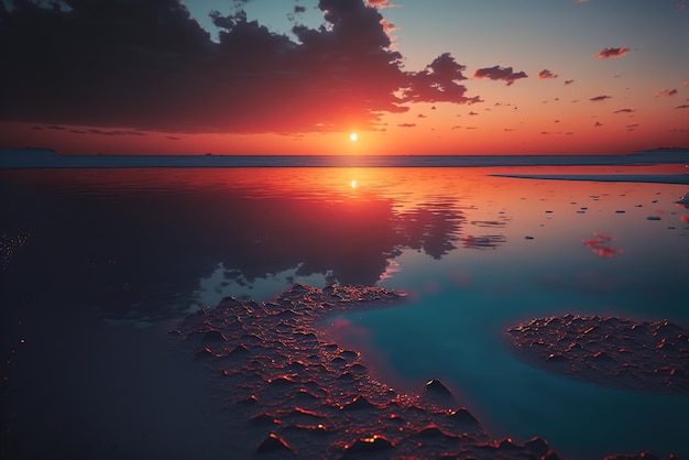 海に沈む色鮮やかな夕日