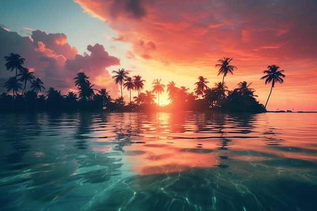 A colorful sunset reflected in the still waters realistic tropical background