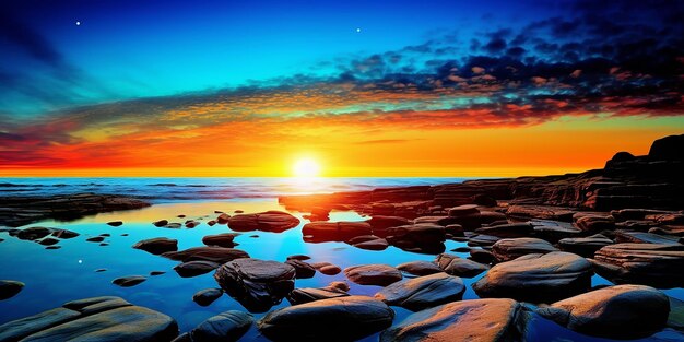 Colorful sunset over rocks and water