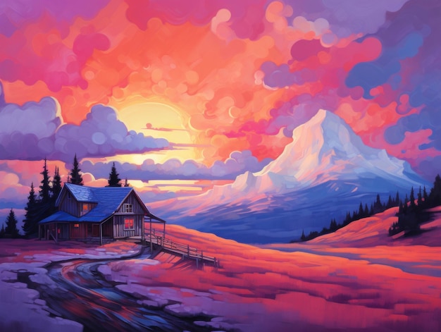 Colorful sunset scene with cottage on a mountain background in oil painting style