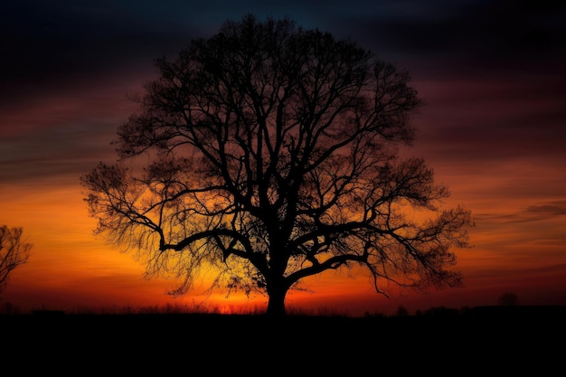 A colorful sunset behind a silhouetted tree showing the change of seasons created with generative ai