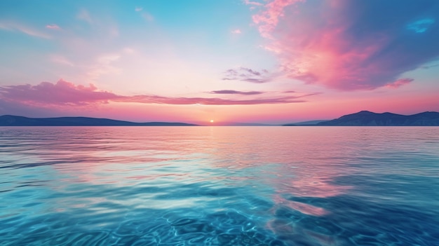 写真 静かな海面の上に彩る日没の空