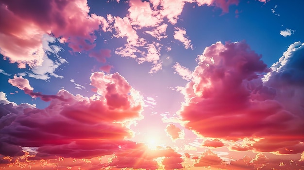 カラフルな夕暮れの空 鮮やかな雲の景色と ドラマチックな太陽の光 刺激的な夕方のシーン