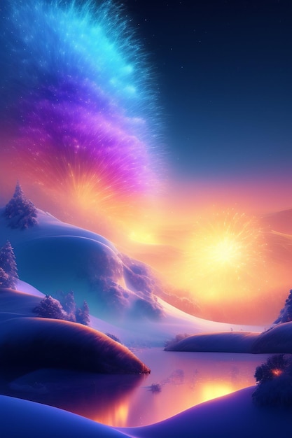 A colorful sunset over a snowy landscape