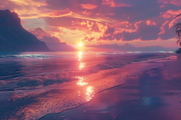 A colorful sunset over a tranquil beach