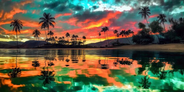 Красочный закат над тропическим островом с пальмами на переднем плане.