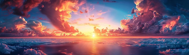 a colorful sunset with clouds in the style of impressive panoramas light red photorealistic landscapes subtle luminosity lightbox dark yellow and light azure Generative AI