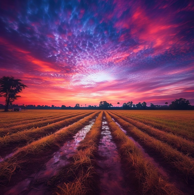 A colorful sunset with a field and a purple sky