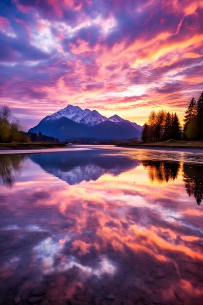 Photo a colorful sunset with a mountain in the background and a lake with trees in the foreground