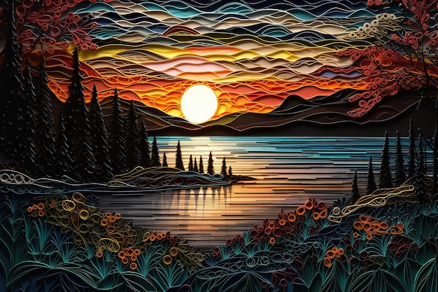 A colorful sunset with mountains in the background