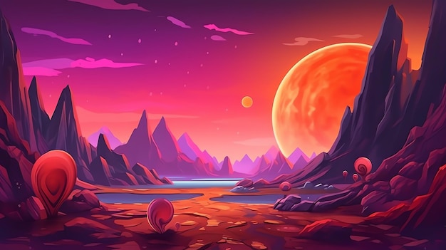 A colorful sunset with mountains and a red moon.