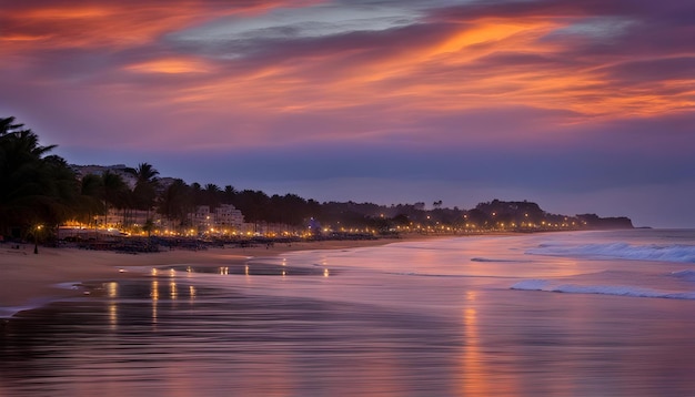 a colorful sunset with the ocean and the beach in the foreground