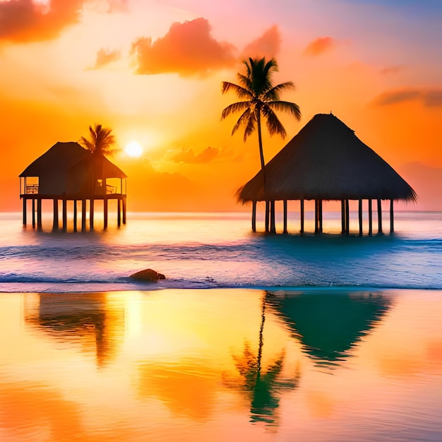 A colorful sunset with a palm tree and a house in the water