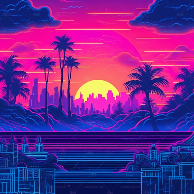 A colorful sunset with palm trees and a beach in the background generative ai