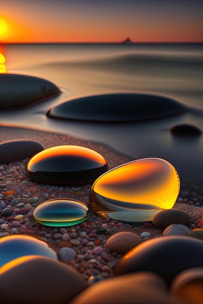 A colorful sunset with stones and water droplets on the beach.