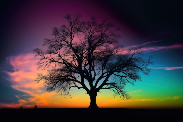 A colorful sunset with a tree in the foreground