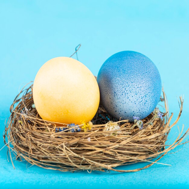 Colorful surface with Easter eggs on blue surface