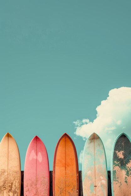 Foto tabelle da surf colorate sotto un cielo blu limpido ideali per le vacanze estive in spiaggia e le attività sul mare