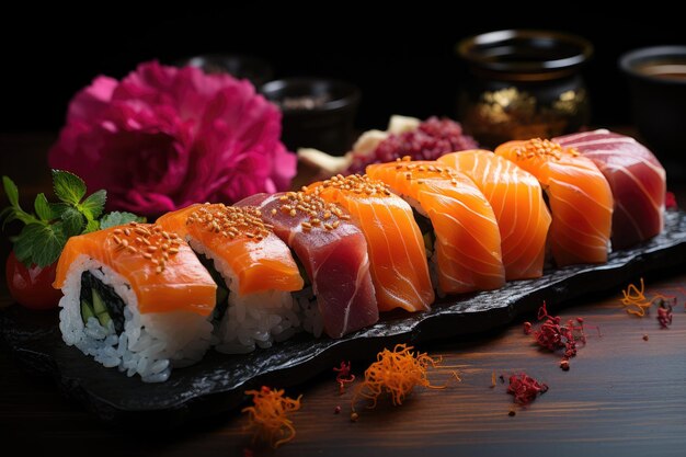 Colorful sushi feast sashimi rolls and delicate details generative IA