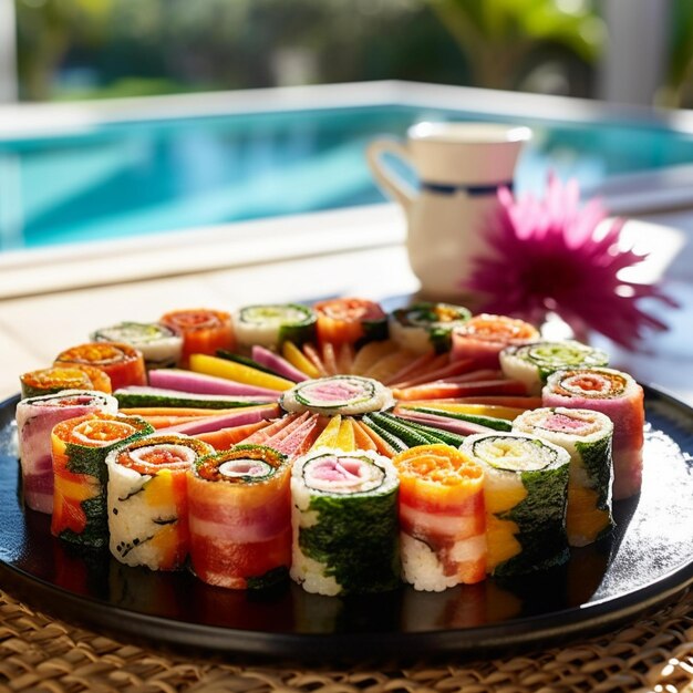 Photo colorful sushi rolls on slate board