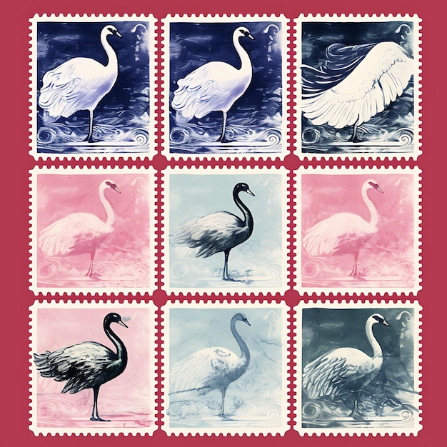 Colorful a Swan Bird With a Ballet Dancer Suit in a Graceful Pose Wit Animal Stamp collection idea