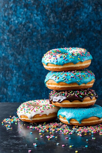 Colorful sweet background Delicious glazed donuts on pink background