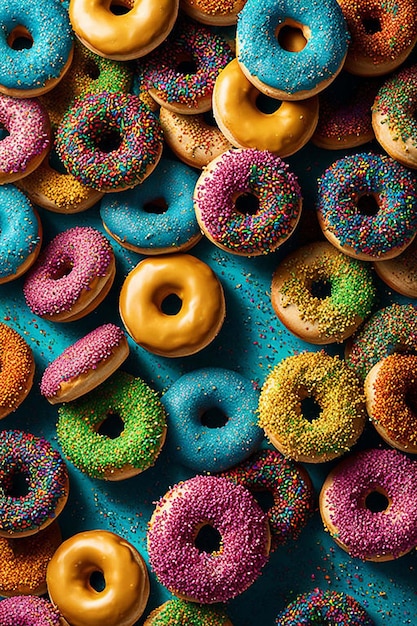 Colorful sweet background Delicious glazed donuts on pink background
