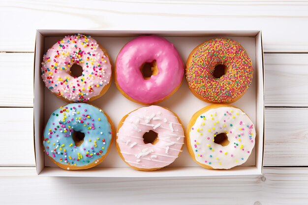 Colorful sweet donuts with sprinkles in box on wooden background