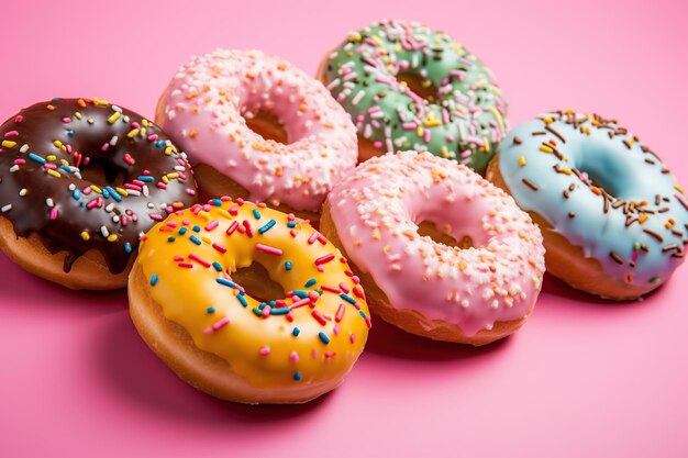 Colorful sweet donuts with sprinkles on pink background