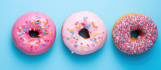 Colorful Sweet donuts with various toppings isolated on light blue background Generate AI image
