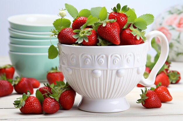 Colorful sweet fruit mix of strawberry and green mint leaves on wintage white wooden table