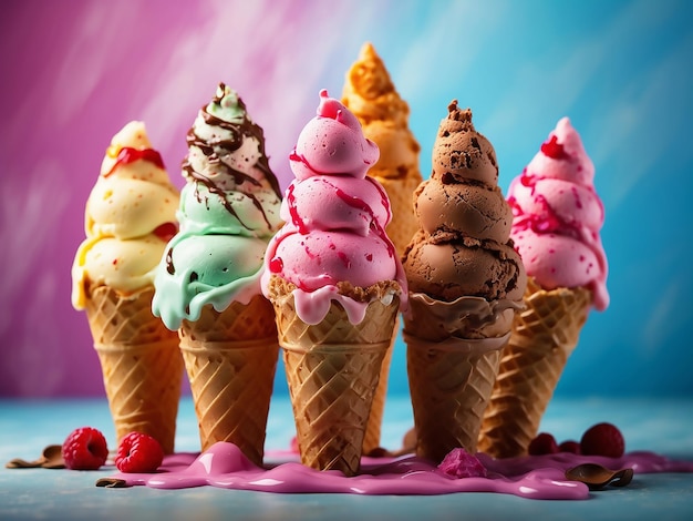 Photo colorful sweet ice cream cones