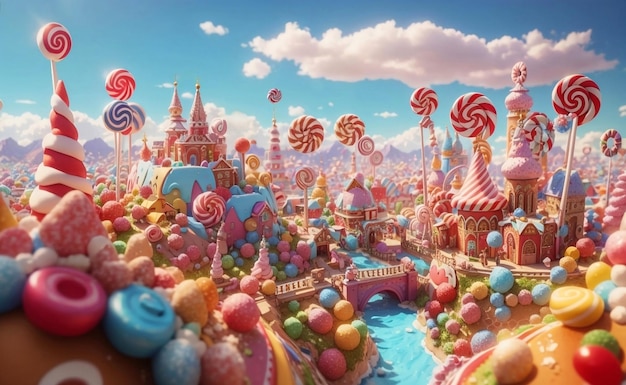 Photo colorful sweets land background with cupcake candies ice cream clouds