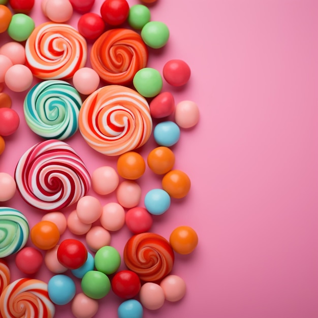 Цветные сладости кружатся на розовом фоне, искушая вкусовые рецепторы для социальных сетей