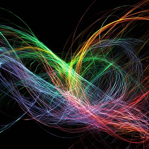 A colorful swirl of light is shown on a black background.