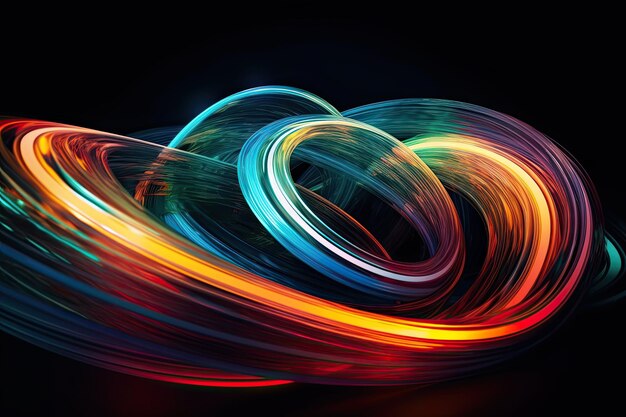 A colorful swirl of light is shown on a black background.