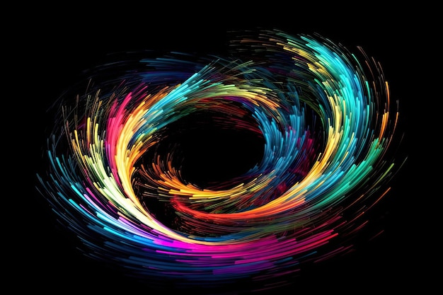 A colorful swirl of light with a black background.