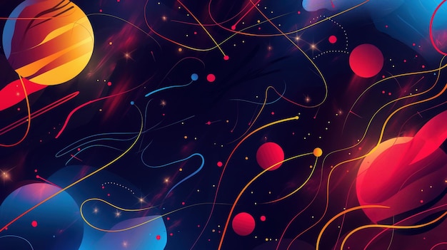 colorful swirling spheres and curved lines floating on a dark cosmic background with bright
