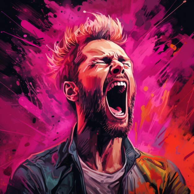 Photo colorful synthwave illustration with man screaming and rainbows