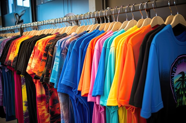 Colorful t shirts on a store hangers