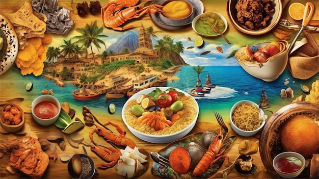 열대 섬과 열대 섬을 포함한 음식으로 가득한 다채로운 테이블.