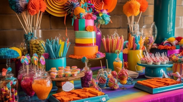 A colorful table with a cake and a sign that says rainbow on it