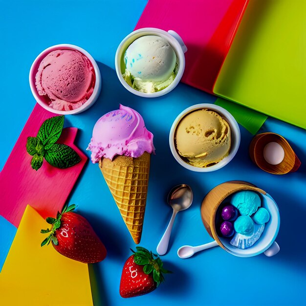 다양한 맛의 아이스크림과 아이스크림 한 그릇이 있는 다채로운 테이블.