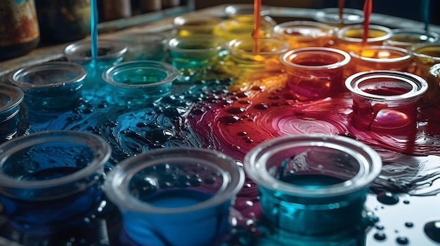 A colorful table with paint pouring into the paint containers