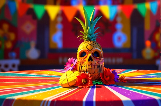 Photo a colorful table with a skull and feathers on it